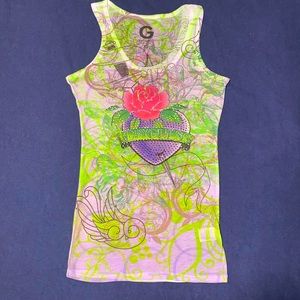 G By Guess Y2K Tattoo Inspired Purple Heart Rose Tank Top XSmall